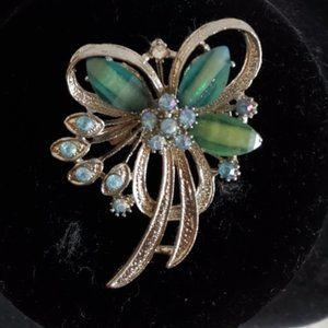 Vintage Geen and Blue Rhinestone in Silver tone setting Bow